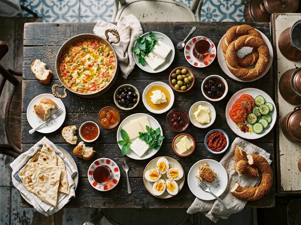 Mesa de café da manhã turco com ovos, queijos, azeitonas, pães, tomate, pepino e chá