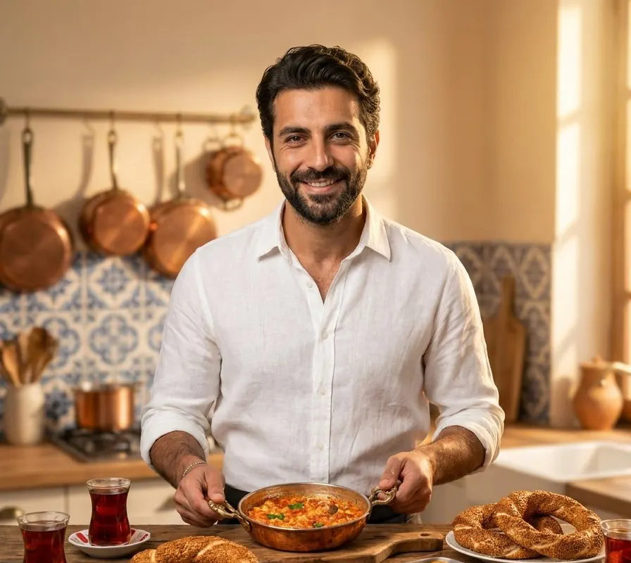 Emir, sorridente, segura uma frigideira de cobre com ovos e tomate numa mesa com roscas de gergelim e copinhos de chá