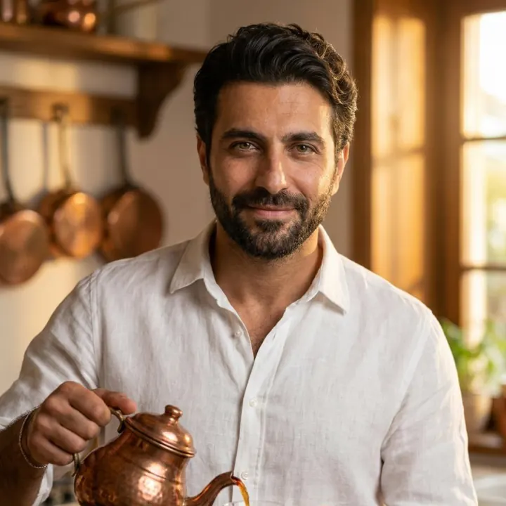 Emir servindo chá turco com um bule de cobre