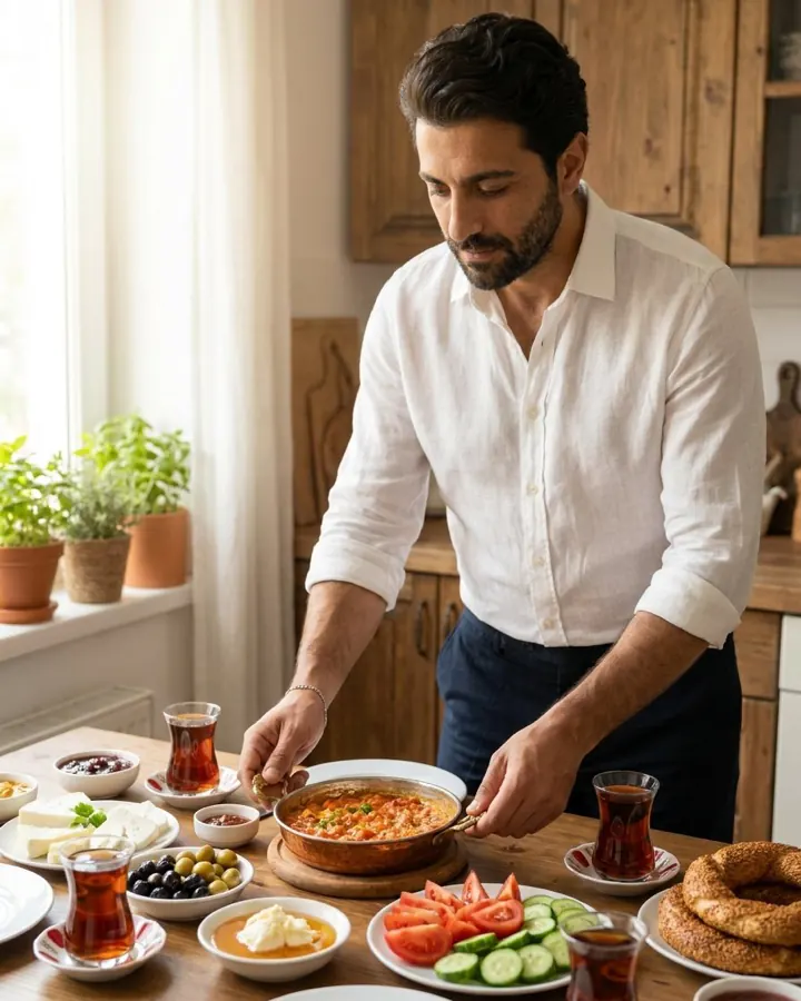 Emir arrumando uma mesa de café da manhã turco com frigideira de menemen, simit e copinhos de chá