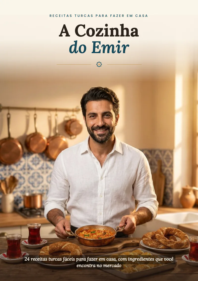 Capa do livro A Cozinha do Emir, com o Emir segurando uma frigideira de menemen