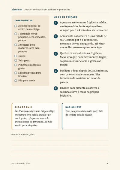 Página do livro com a lista de ingredientes, o modo de preparo em 5 passos e a dica do Emir