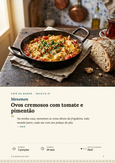 Página do livro com foto do menemen, rendimento de 2 porções, 20 minutos e dificuldade fácil